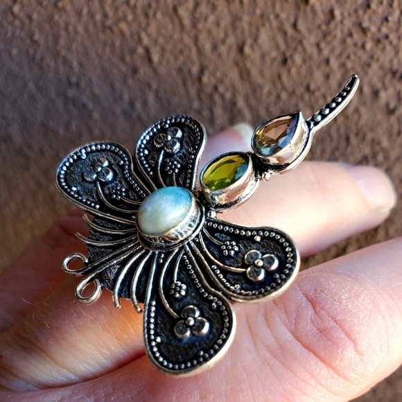 New Stunning Multi Gemstone 925 Silver Dragonfly Ring. - Picture 6 of 14
